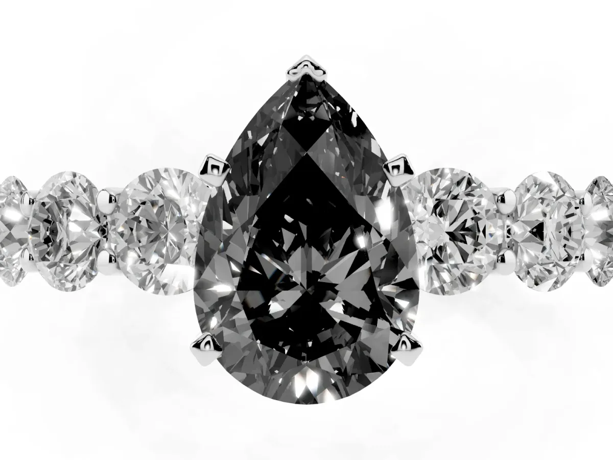 Fancy Black Pear Cut Diamond Prong Setting with Side Stones on a Pave Band Silver