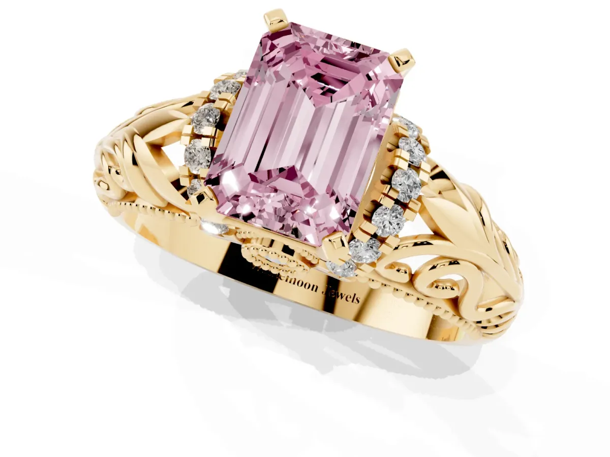 Fancy Pink Emerald Cut Solitaire Filigree Engagement Ring with Halo and Prong Setting Yellow gold