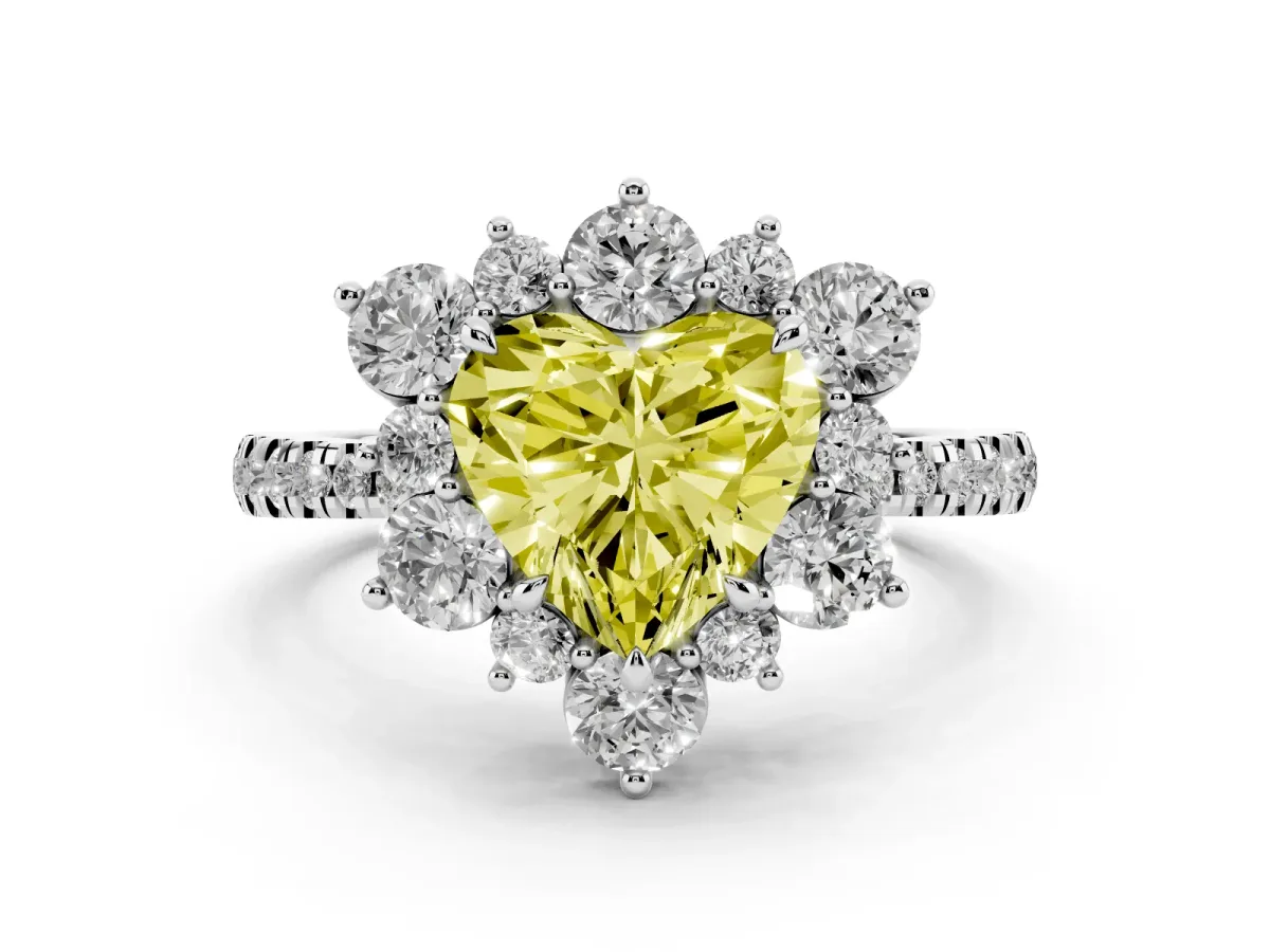 Fancy Yellow Heart Cut Diamond Floral Halo Ring with Round Pavé Band and Prong Setting Silver