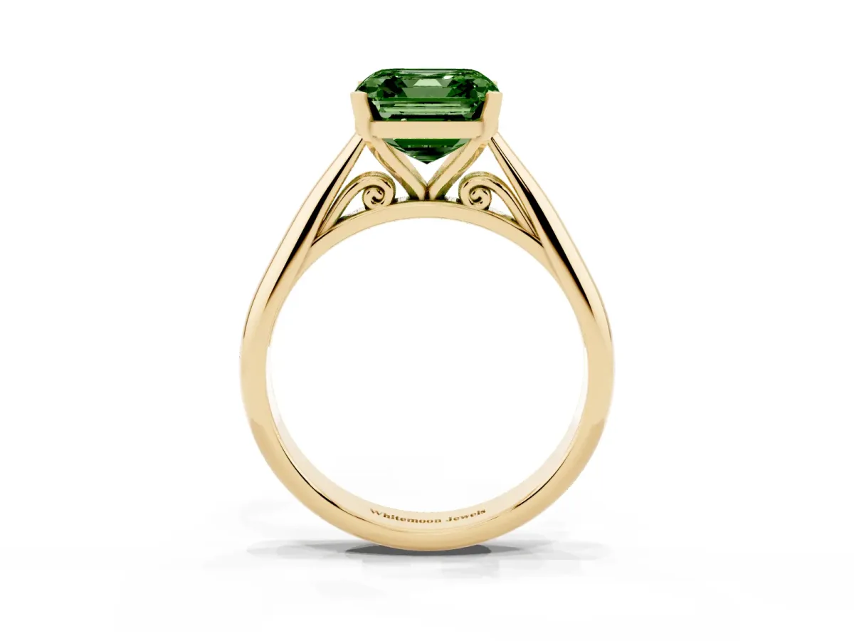 Fancy Green Asscher Cut Diamond Solitaire Engagement Ring with Cathedral Setting and Four-Prong Mount Yellow gold
