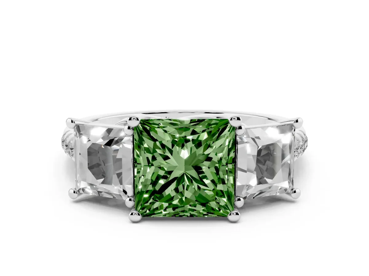 Fancy Green Three-Stone Princess Cut Diamond Ring with Round Pavé Band and Prong Setting Silver