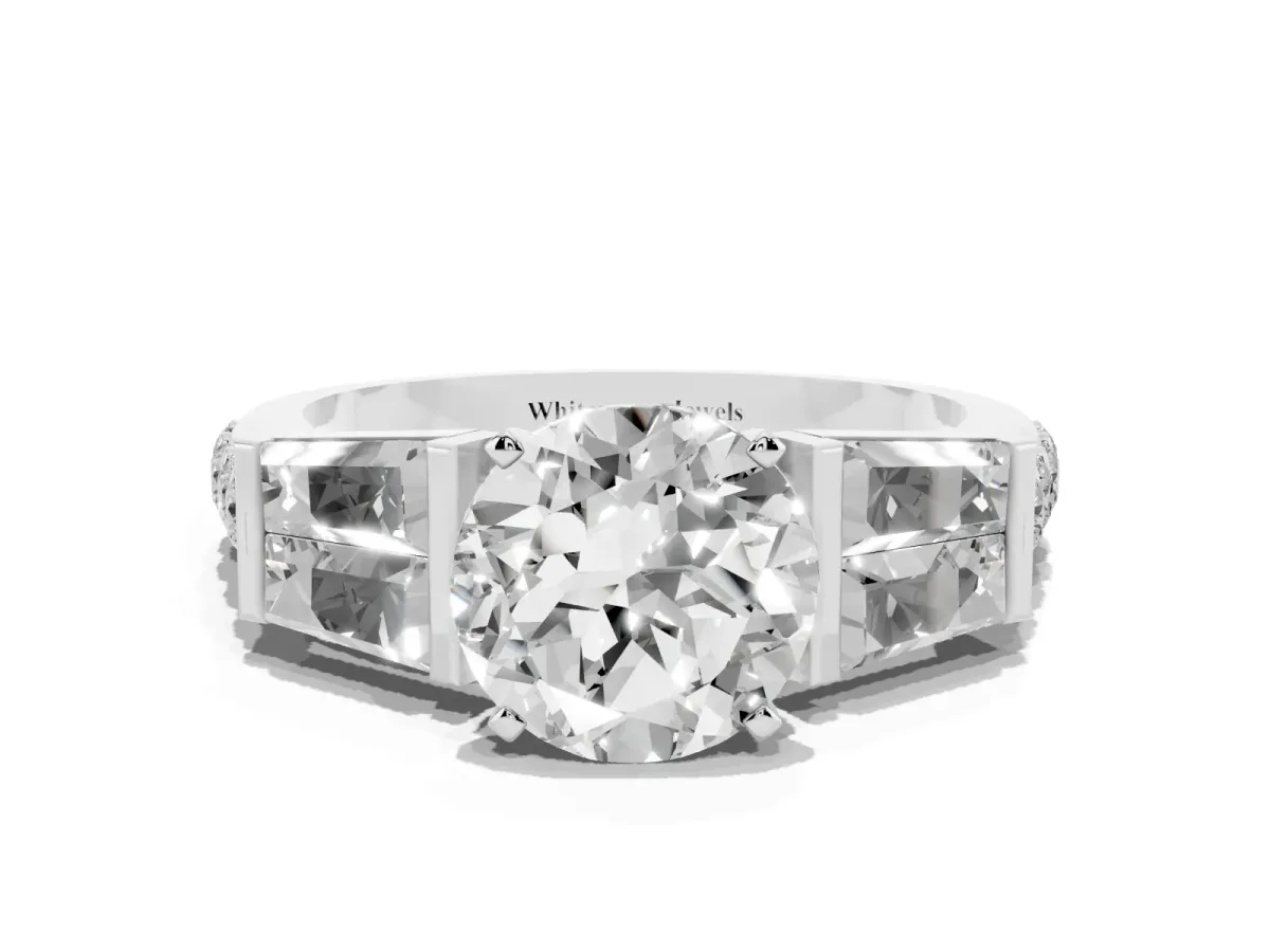 Round Cut Diamond Engagement Ring with Baguette Side Stones and Channel Set Band Silver