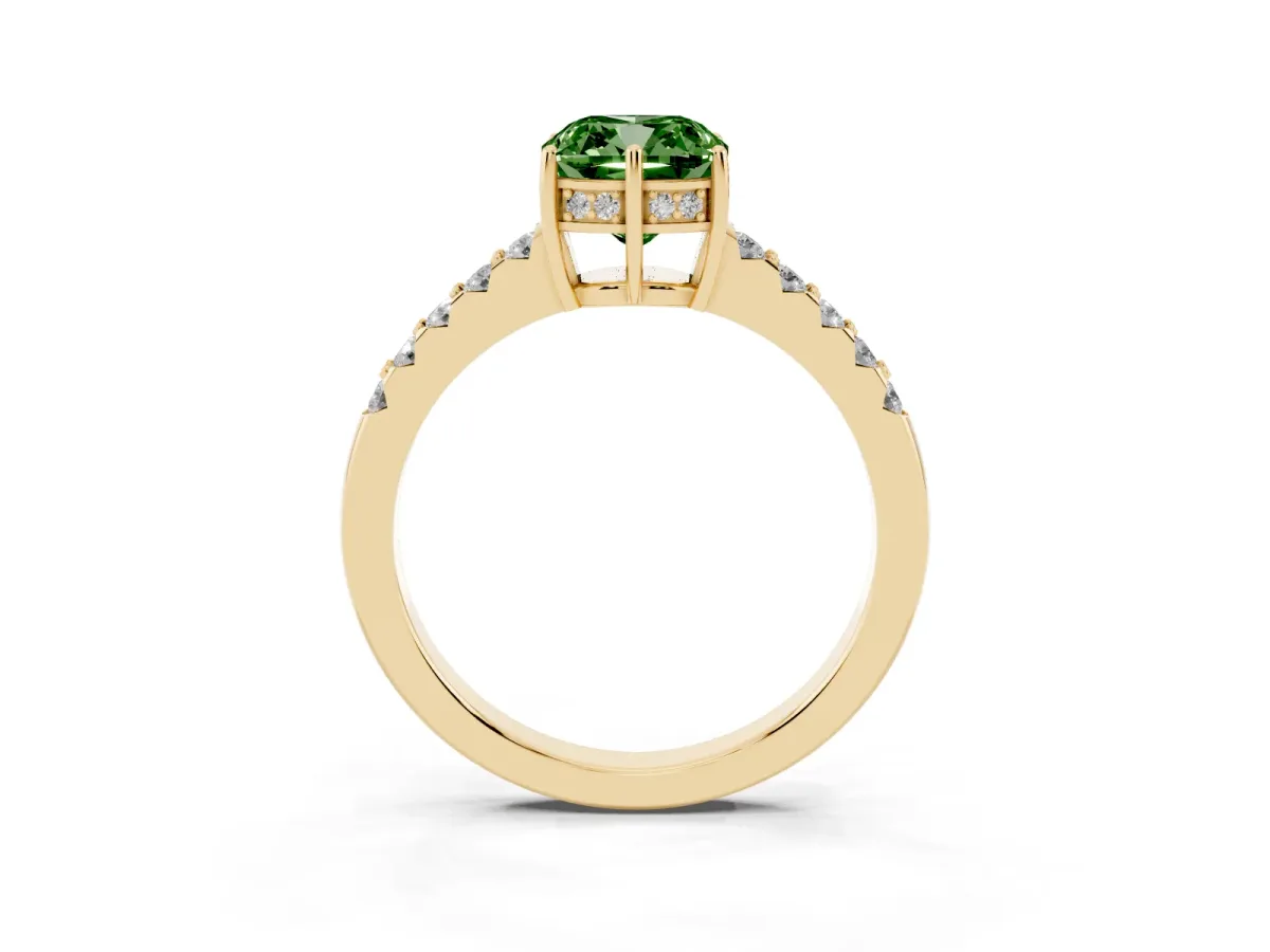 Fancy Green Cushion Cut Solitaire Diamond Engagement Ring with Pavé Band and Six-Prong Setting Yellow gold