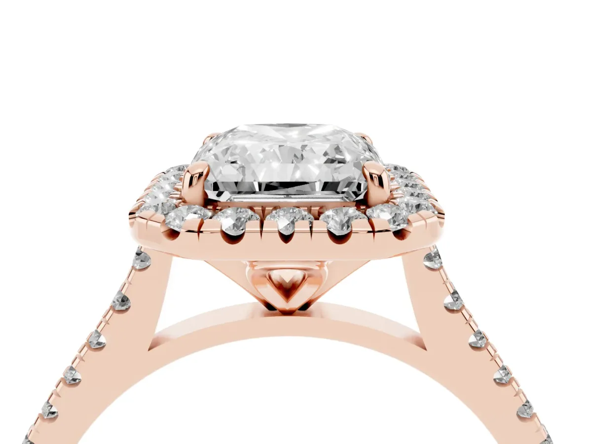 Radiant Cut Diamond Cushion Halo Ring with Pavé Band Rose gold