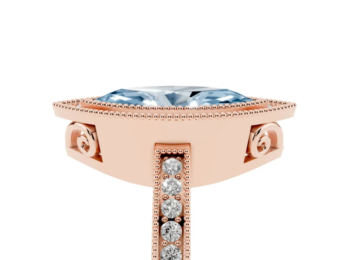 Fancy Blue Marquise Cut Cut Halo Diamond Ring with Pavé Band and Milgrain Prong Setting Rose gold