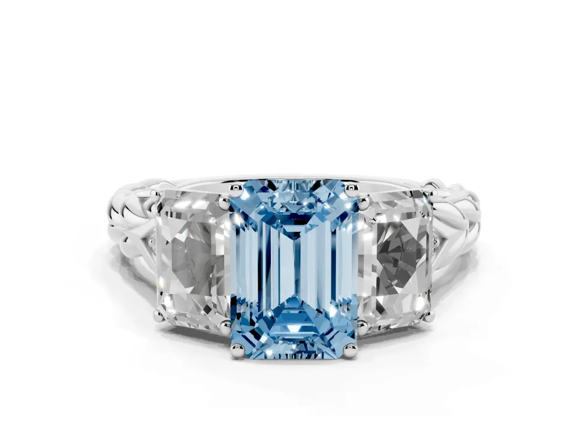 Fancy Blue Three-Stone Radiant Cut Diamond Braided Band Ring with Four-Prong Setting Platinum