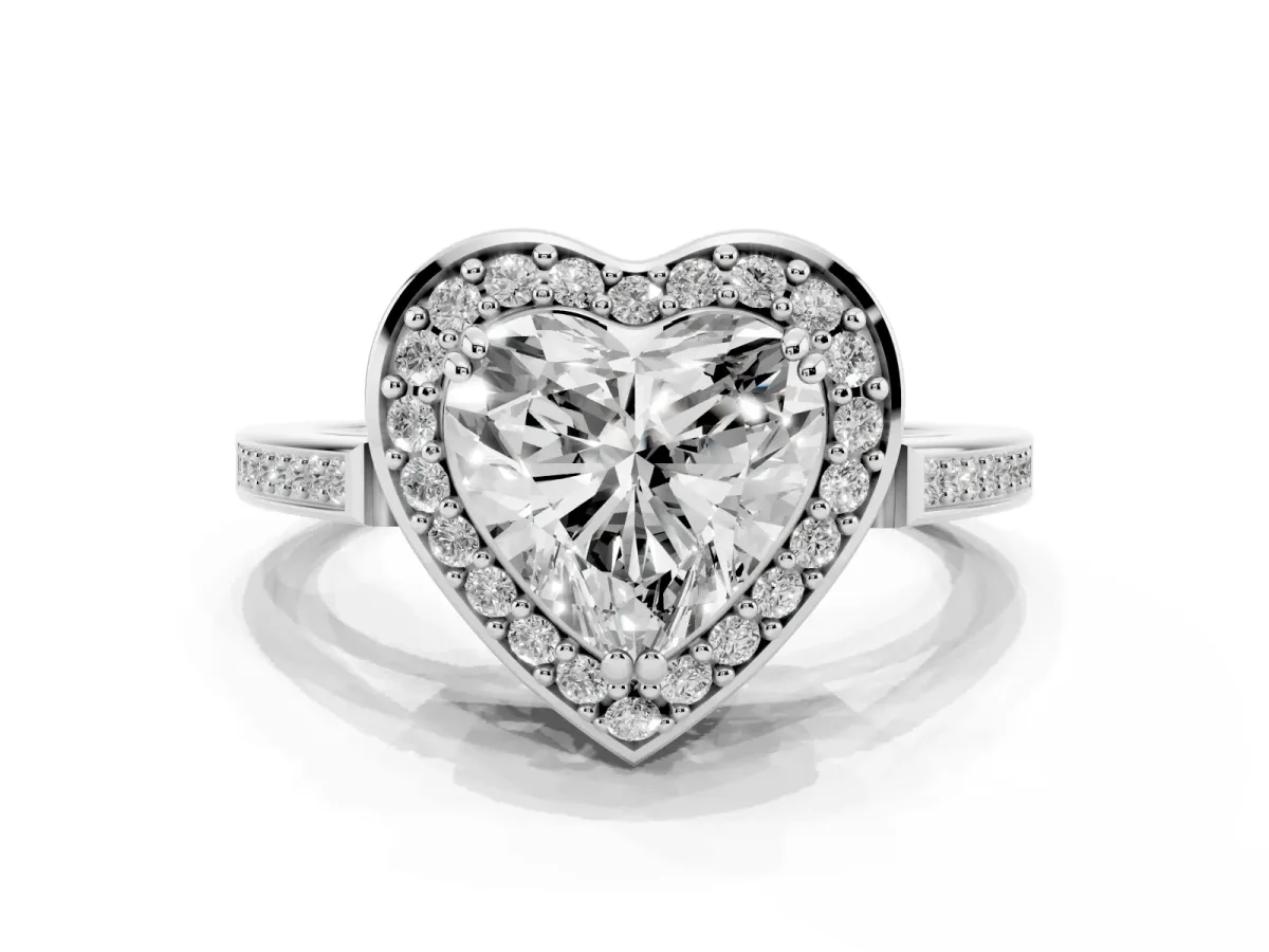 Heart Cut Diamond Halo Ring with Split Shank and Four-Prong Setting Silver