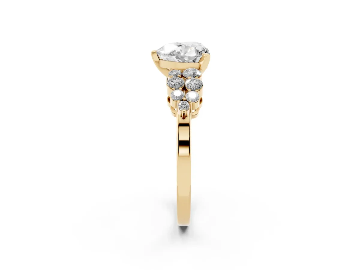 Heart Cut Cluster Diamond Engagement Ring with Pavé Band and Four-Prong Setting Yellow gold