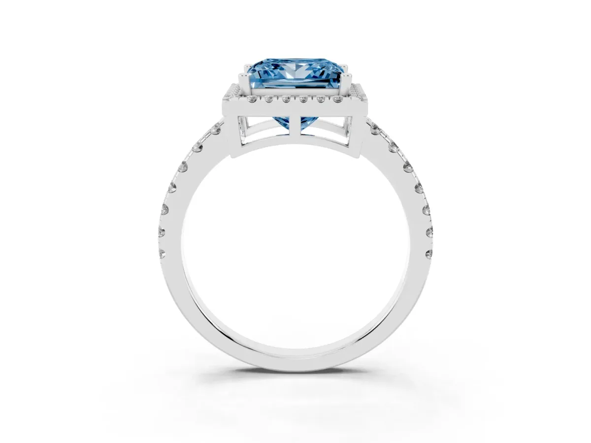 Fancy Blue Princess Cut Diamond Halo Ring with Pavé Band and Four-Prong Setting Silver