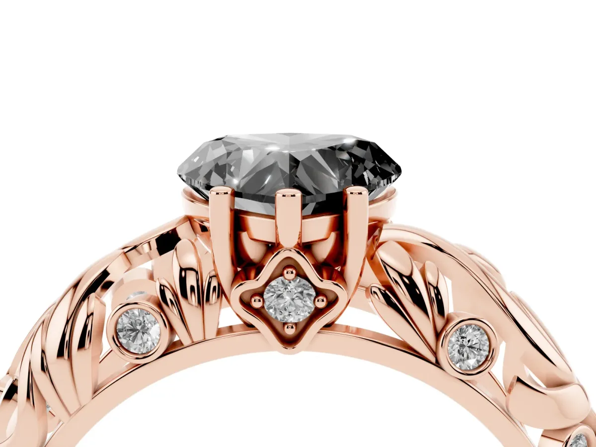 Fancy Black Heart Cut Solitaire Diamond Leaf-Inspired Vine Band Ring with Prong Setting Rose gold