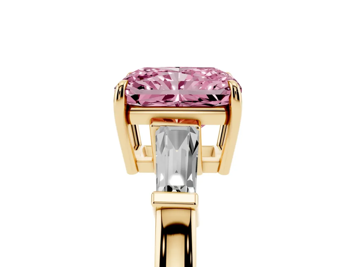 Fancy Pink Radiant Cut Diamond Three-Stone Ring with Tapered Baguette Side Stones and Prong Setting Yellow gold
