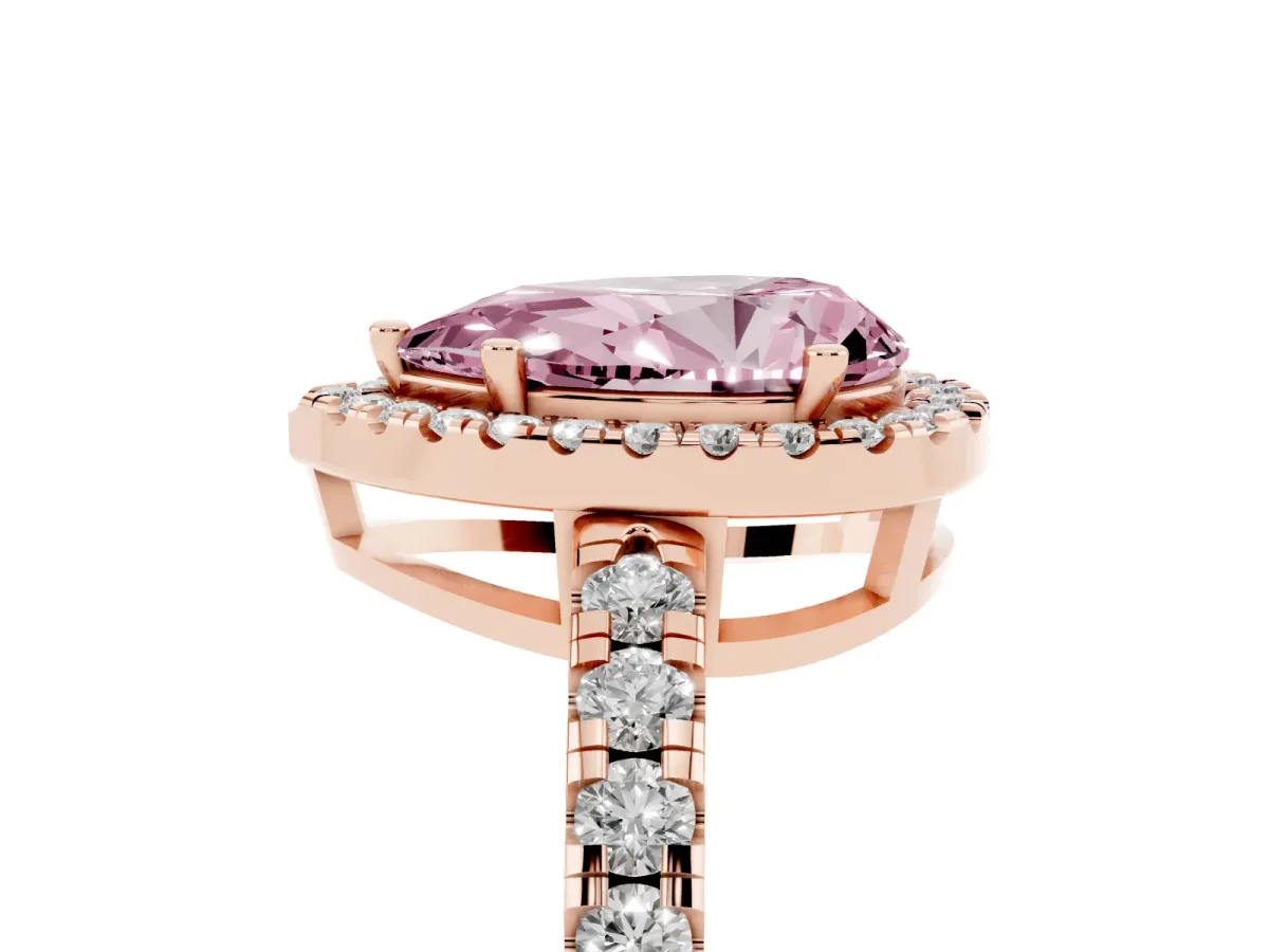 Fancy Pink Pear Cut Diamond Halo Ring with Pavé Band and Four-Prong Setting Rose gold