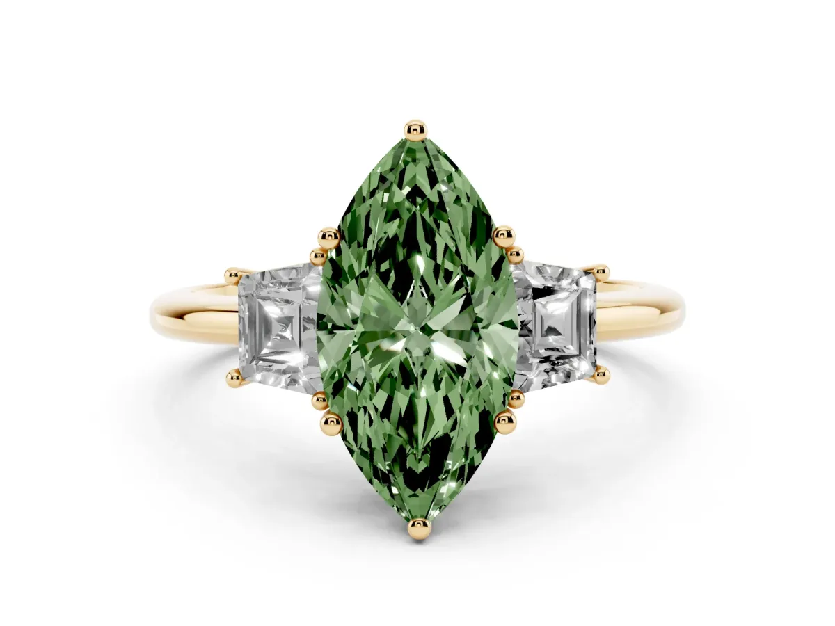 Fancy Green Marquise Cut Diamond Three-Stone Ring with Trapezoid Side Stones and Prong Setting Yellow gold