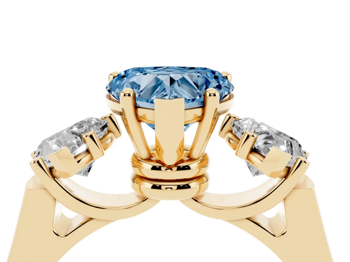 Fancy Blue Three-Stone Heart Cut Brilliant Diamond Trellis Ring with Comfort Fit Band Yellow gold