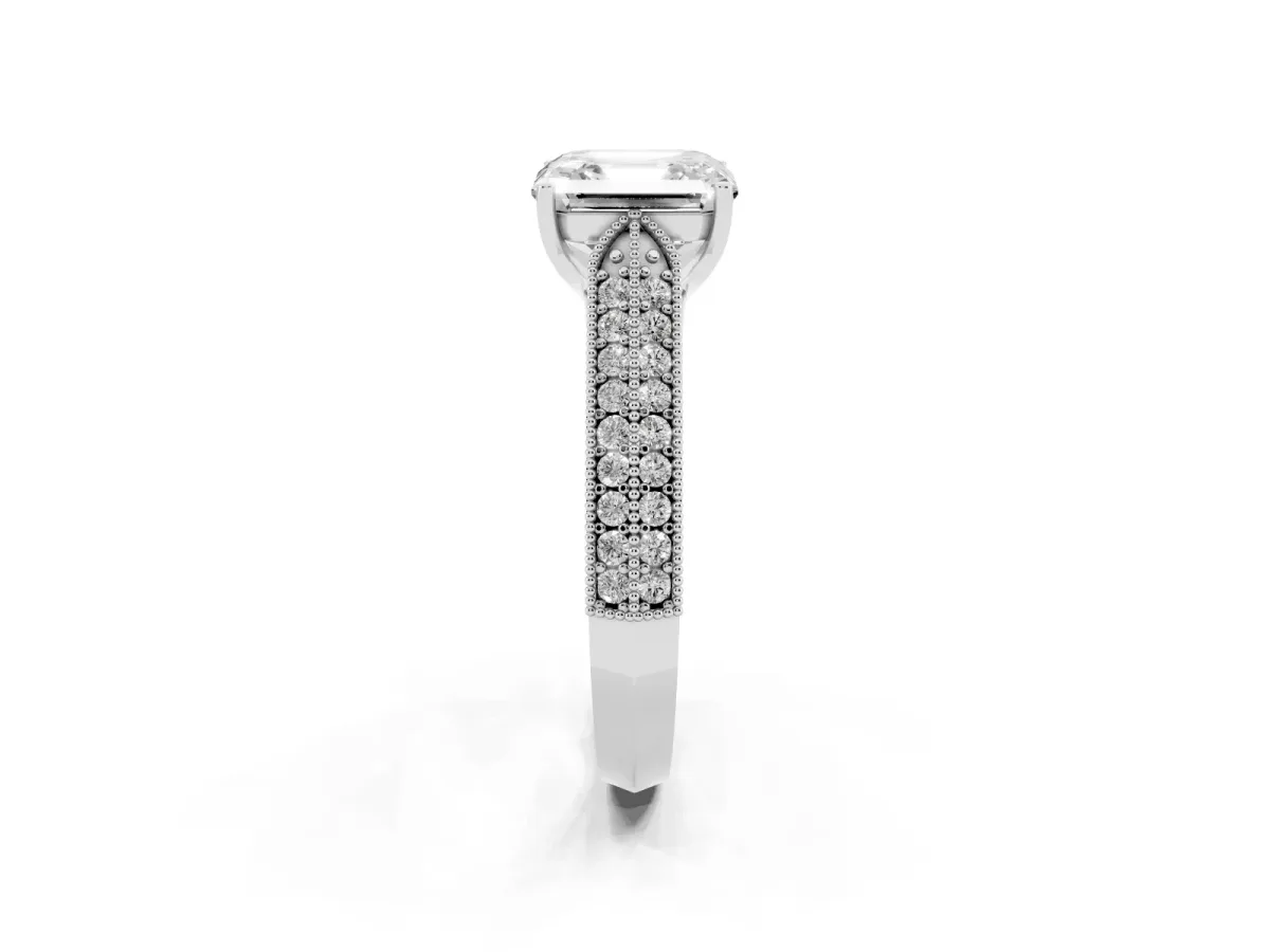 Asscher Cut Cut Pave Split Shank Engagement Ring with Four-Prong Setting Platinum