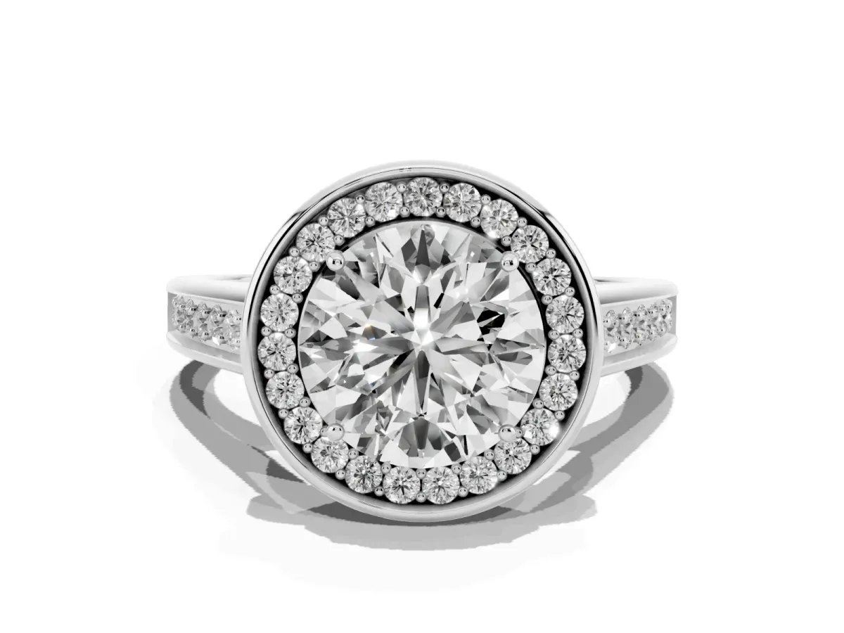 Round Cut Halo Solitaire Diamond Ring with Pave Band and Bezel Setting Silver