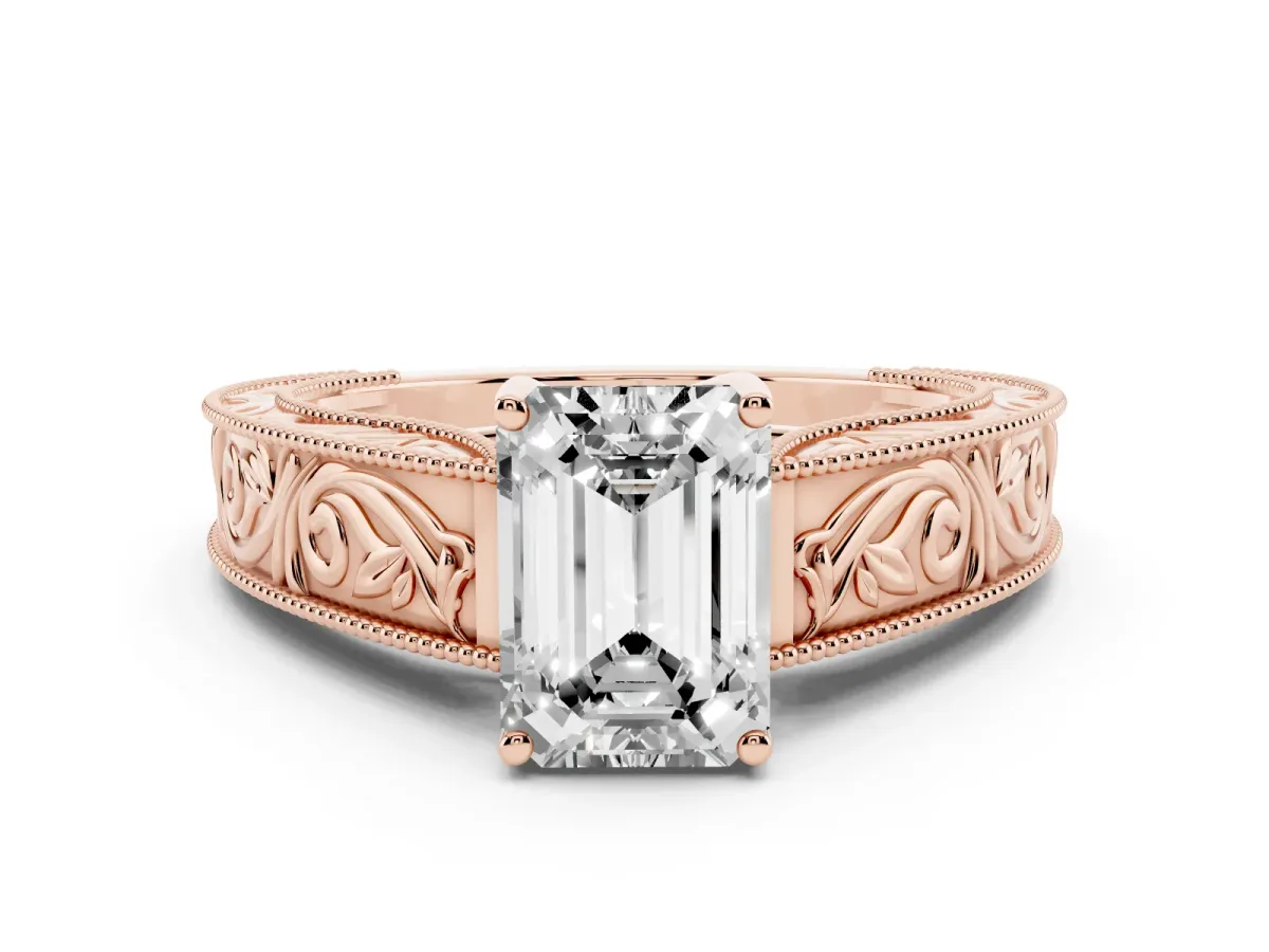 Emerald Cut Diamond Solitaire Ring with Engraved Band and Four-Prong Setting Rose gold