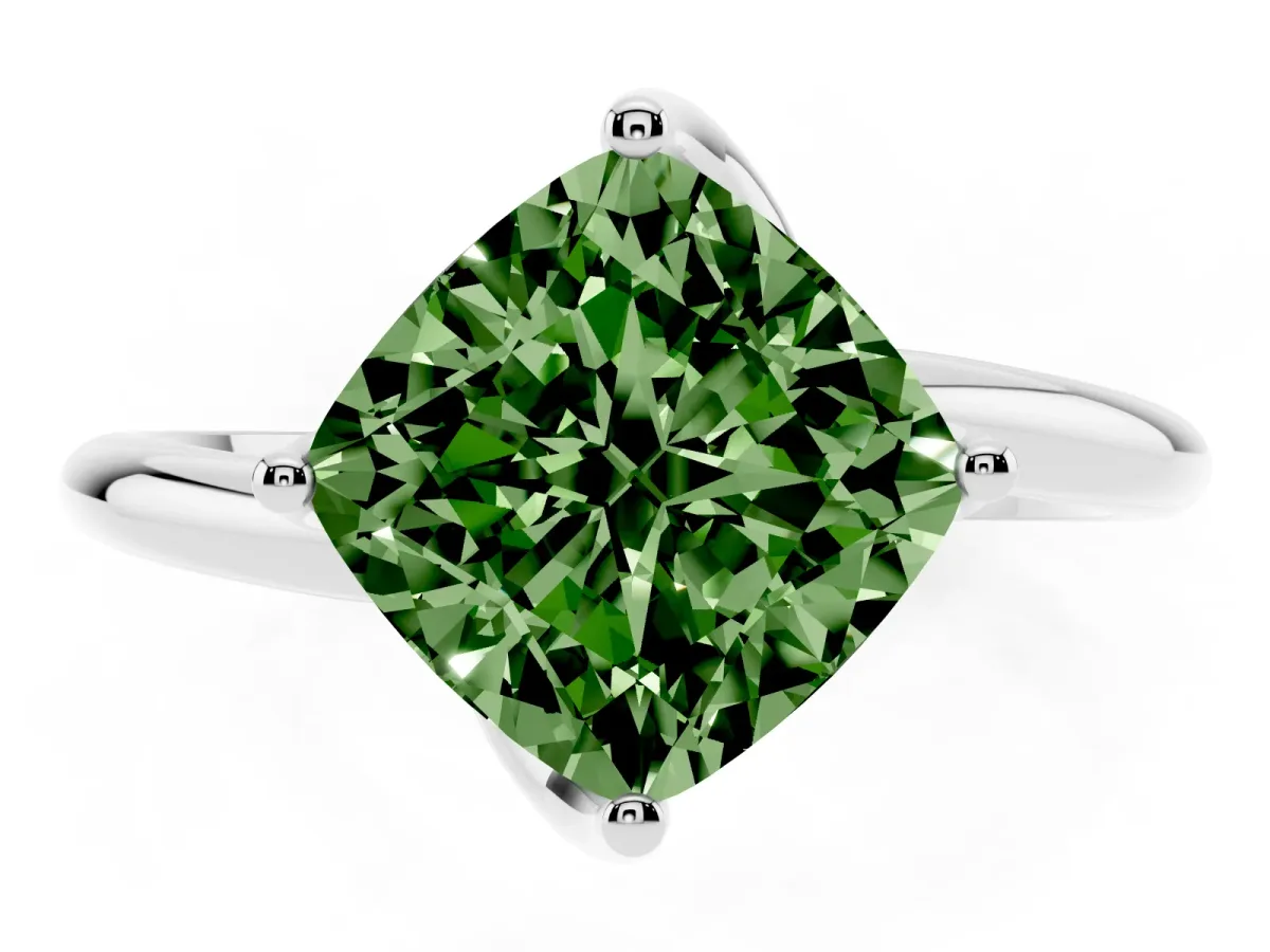 Fancy Green Cushion Cut Diamond Solitaire Engagement Ring with Four-Prong Setting and Classic Band Platinum