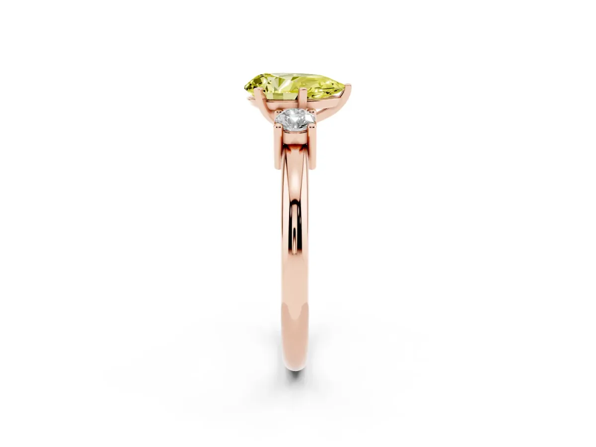 Fancy Yellow Three-Stone Pear Cut Cut Diamond Solitaire with Prong Setting and Classic Band Rose gold