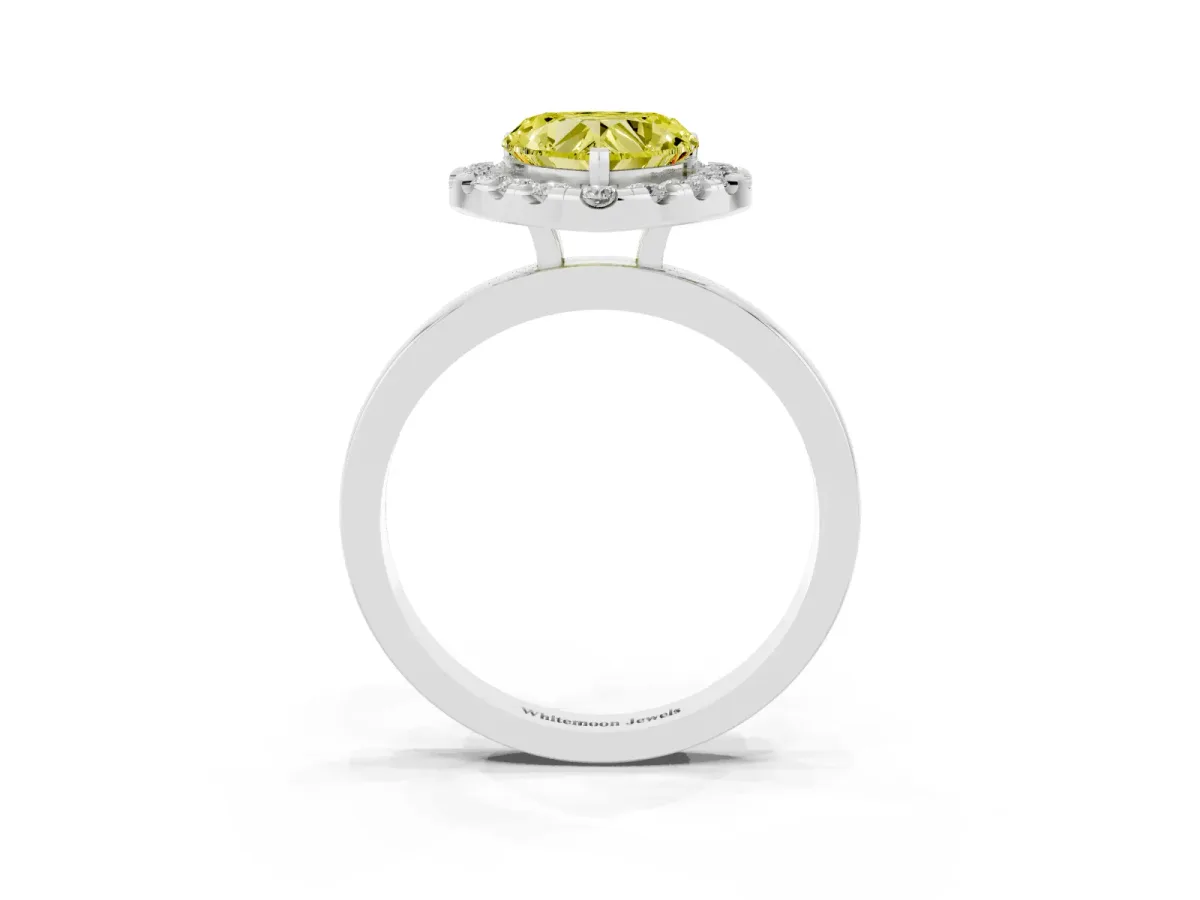 Fancy Yellow Heart Cut Halo Diamond Solitaire with Pavé Band and Four-Prong Setting White gold