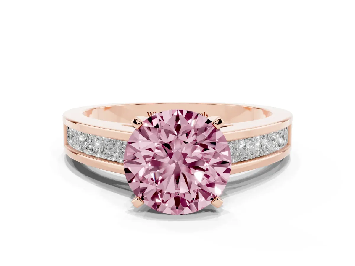 Fancy Pink Round Cut Solitaire Diamond Ring with Channel-Set Band and Four-Prong Setting Rose gold