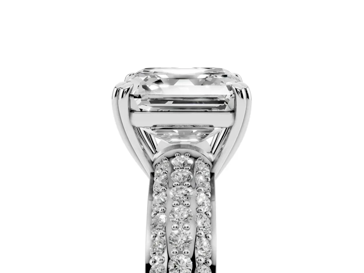 Asscher Cut Diamond Solitaire Ring with Multi-Row Round Pavé Band and Prong Setting Silver