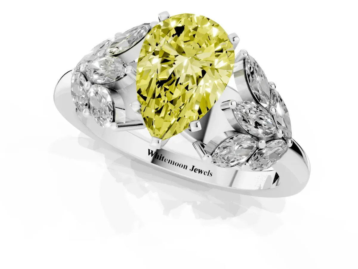 Fancy Yellow Pear Cut Diamond Cluster Leaf Design Ring with Prong Setting Silver