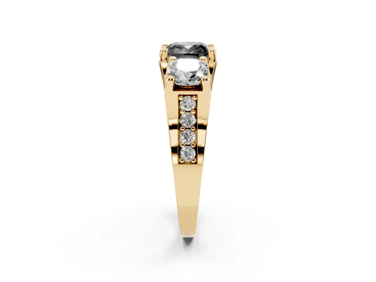 Fancy Black Cushion Cut Diamond Three-Stone Ring with Channel Set Band and Four-Prong Setting Yellow gold