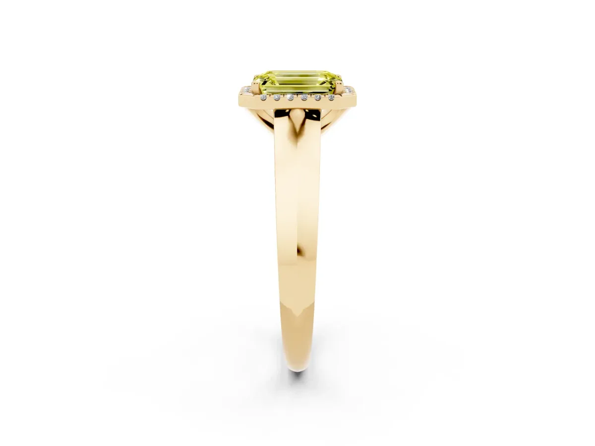 Fancy Yellow Emerald Cut Halo Diamond Ring with Cathedral Band and Four-Prong Setting Yellow gold