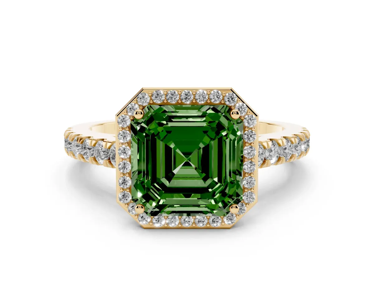 Fancy Green Asscher Cut Cut Halo Diamond Engagement Ring with Pave Band and Four-Prong Setting Yellow gold
