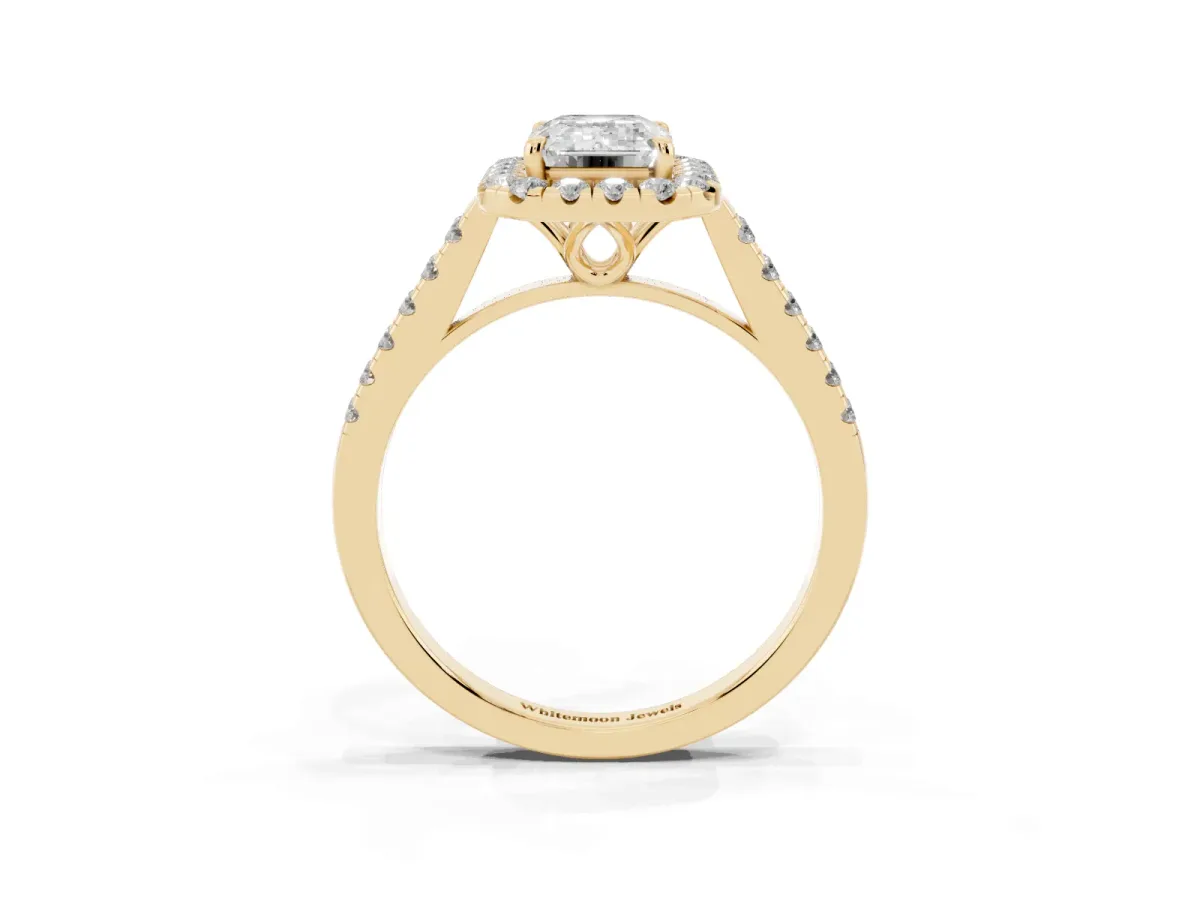 Emerald Cut Halo Pavé Diamond Engagement Ring with Four-Prong Setting Yellow gold
