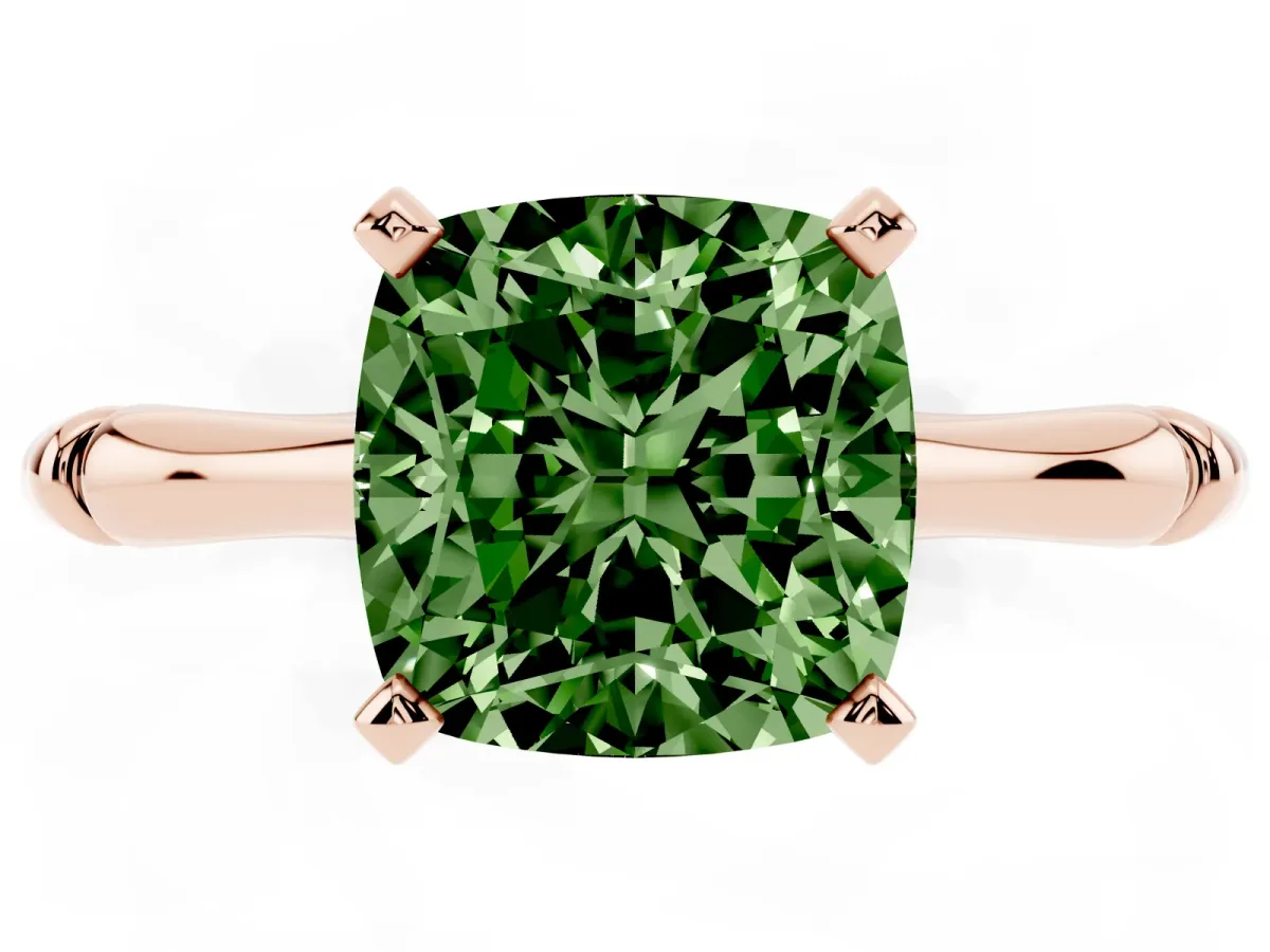 Fancy Green Cushion Cut Solitaire Diamond Ring with Bamboo Band and Four-Prong Setting Rose gold