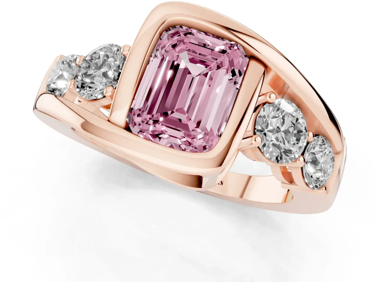Fancy Pink Bezel Set Emerald Cut Diamond Bypass Ring with Round Accents Rose gold