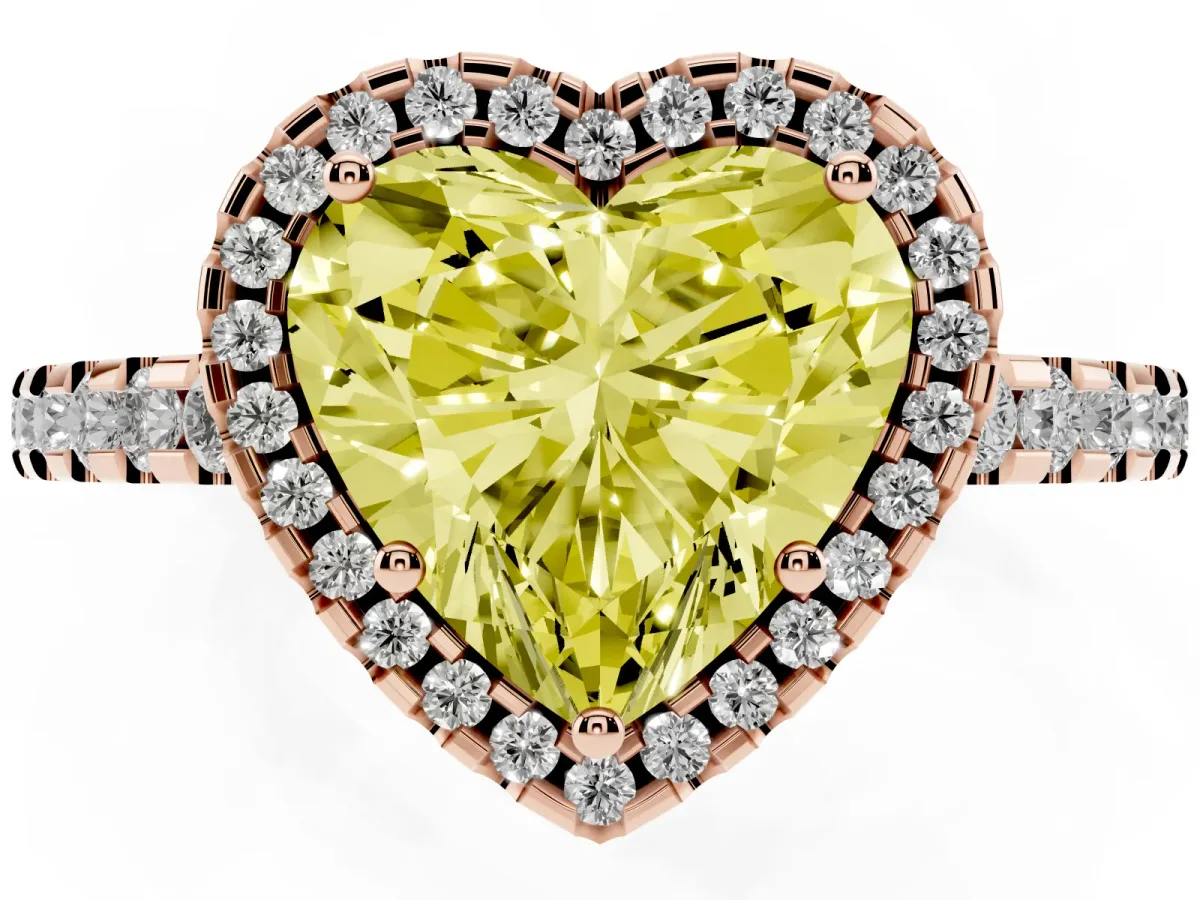Fancy Yellow Heart Cut Diamond Halo Engagement Ring with Pavé Band and Prong Setting Rose gold