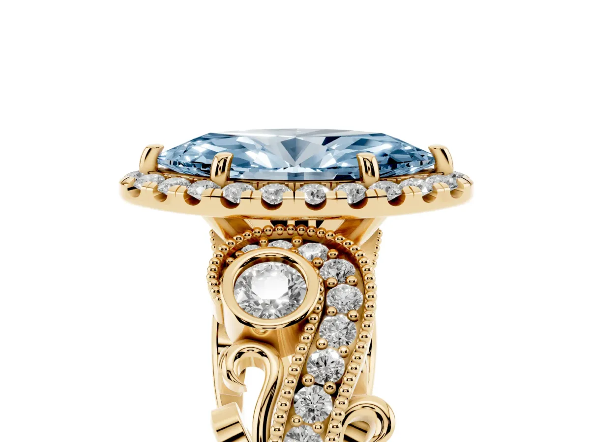Fancy Blue Marquise Cut Halo Diamond Ring with Milgrain and Bezel Accents on a Split Shank Band Yellow gold