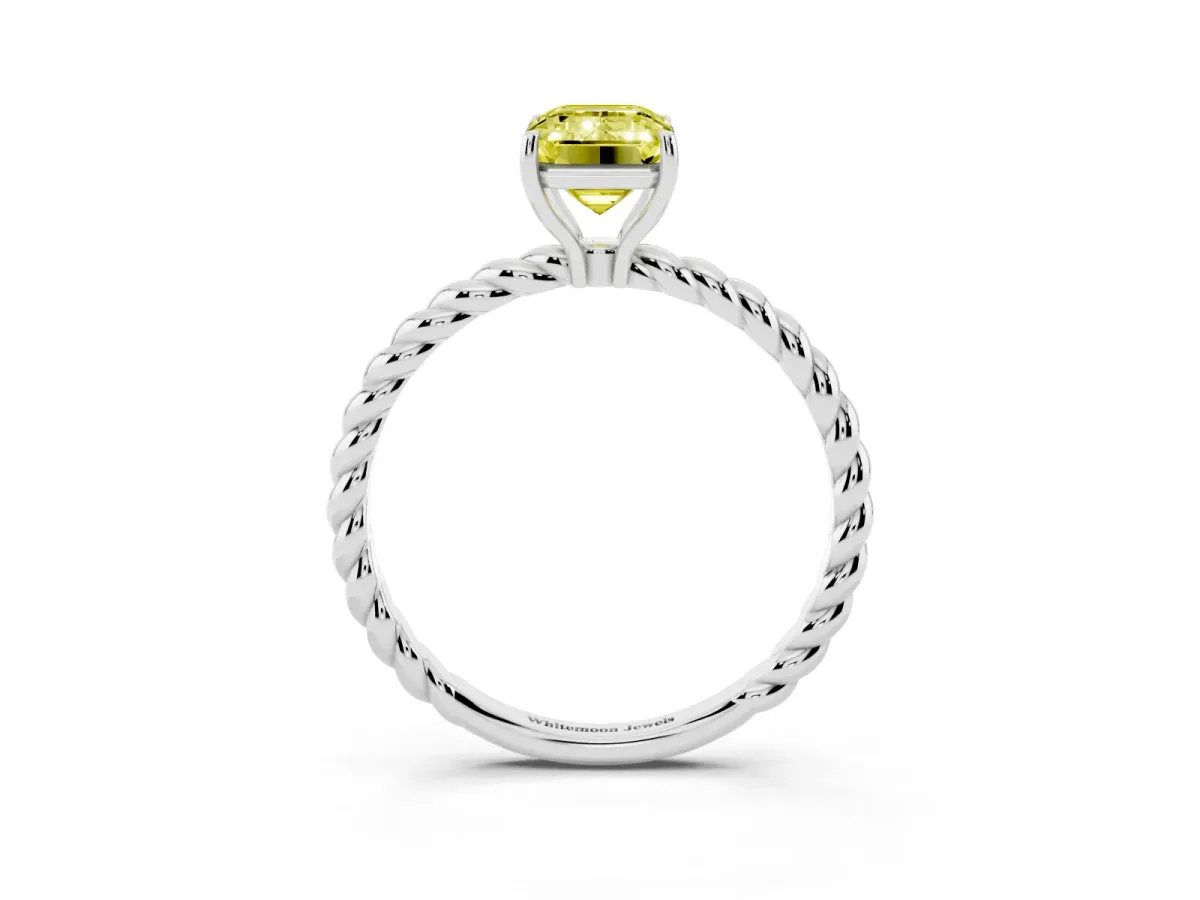Fancy Yellow Emerald Cut Solitaire Twisted Band 4-Prong Ring Silver