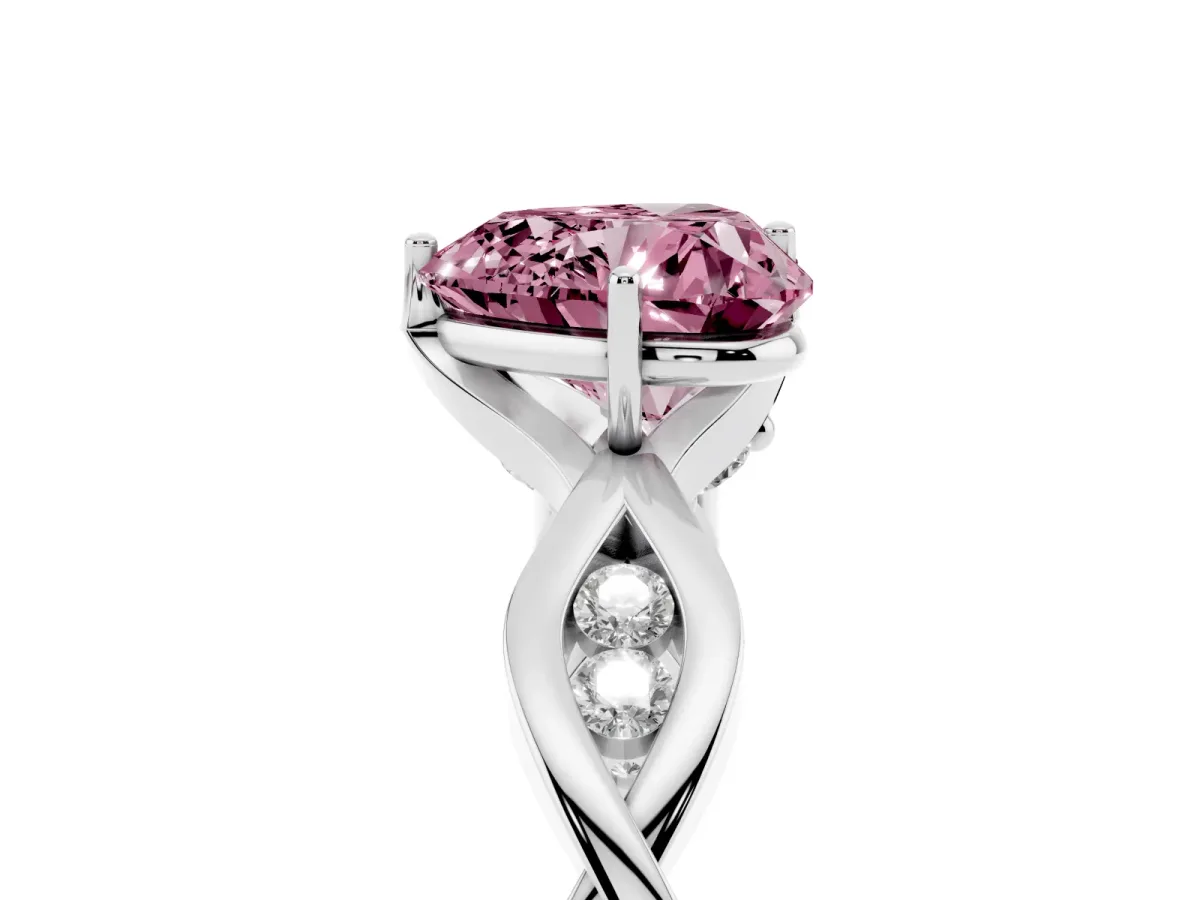 Fancy Pink Heart Cut Solitaire Twist Band with Leaf Prong Setting Platinum