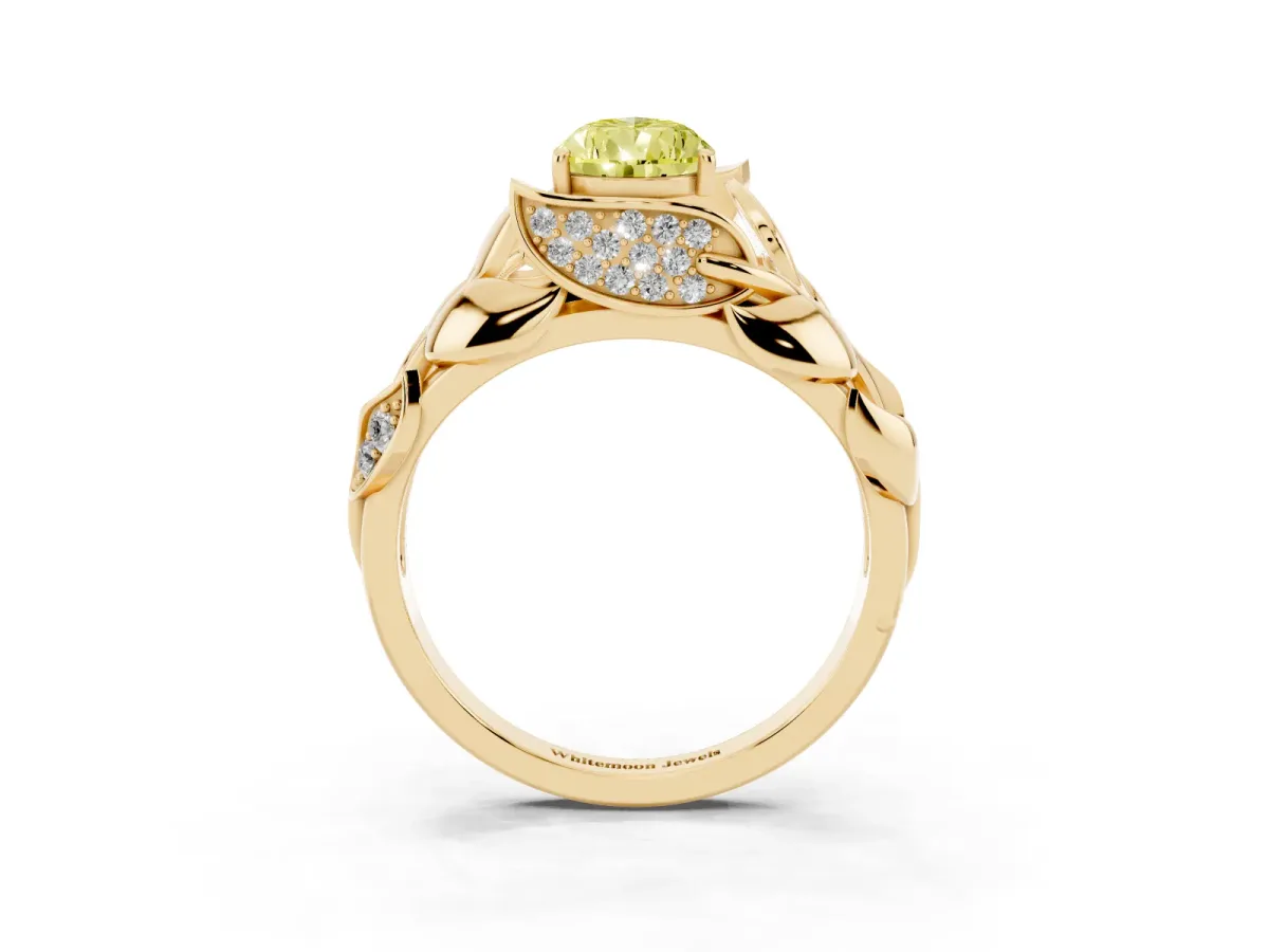Fancy Yellow Pear Cut Diamond Leaf-Inspired Engagement Ring with Round Accents and Prong Setting Yellow gold