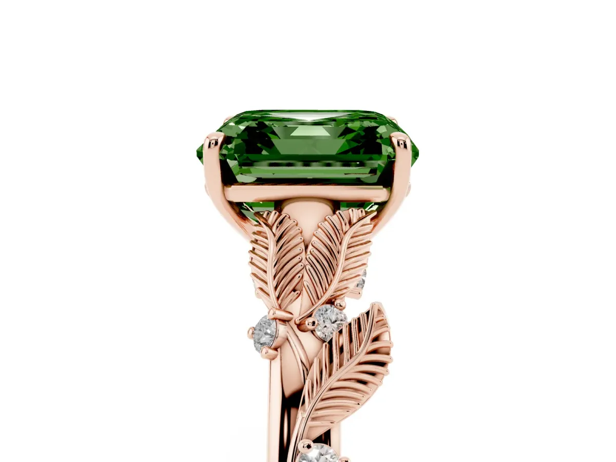 Fancy Green Asscher Cut Diamond Solitaire Ring with Leaf Motif Band and Four-Prong Setting Rose gold