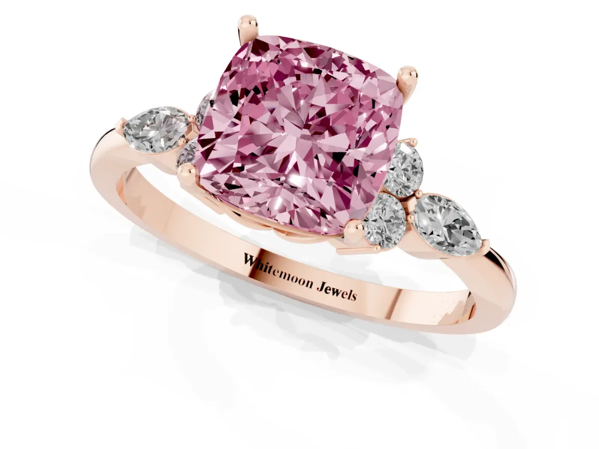 Fancy Pink Cushion Cut Brilliant Diamond Solitaire Ring with Pear Side Stones and Four-Prong Setting Rose gold