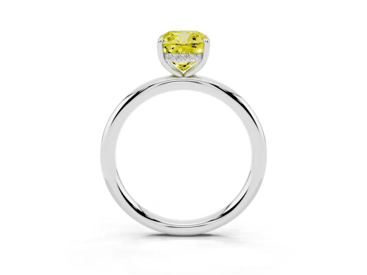 Fancy Yellow Cushion Cut Diamond Solitaire Ring with Thin Band and Four-Prong Setting Silver