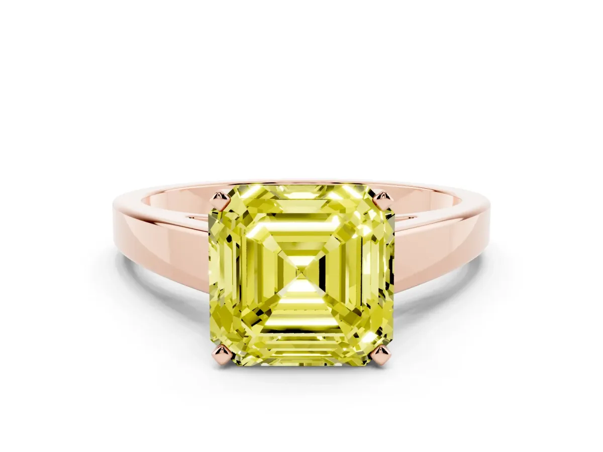 Fancy Yellow Asscher Cut Solitaire Engagement Ring with Four-Prong Setting and Tapered Band Rose gold