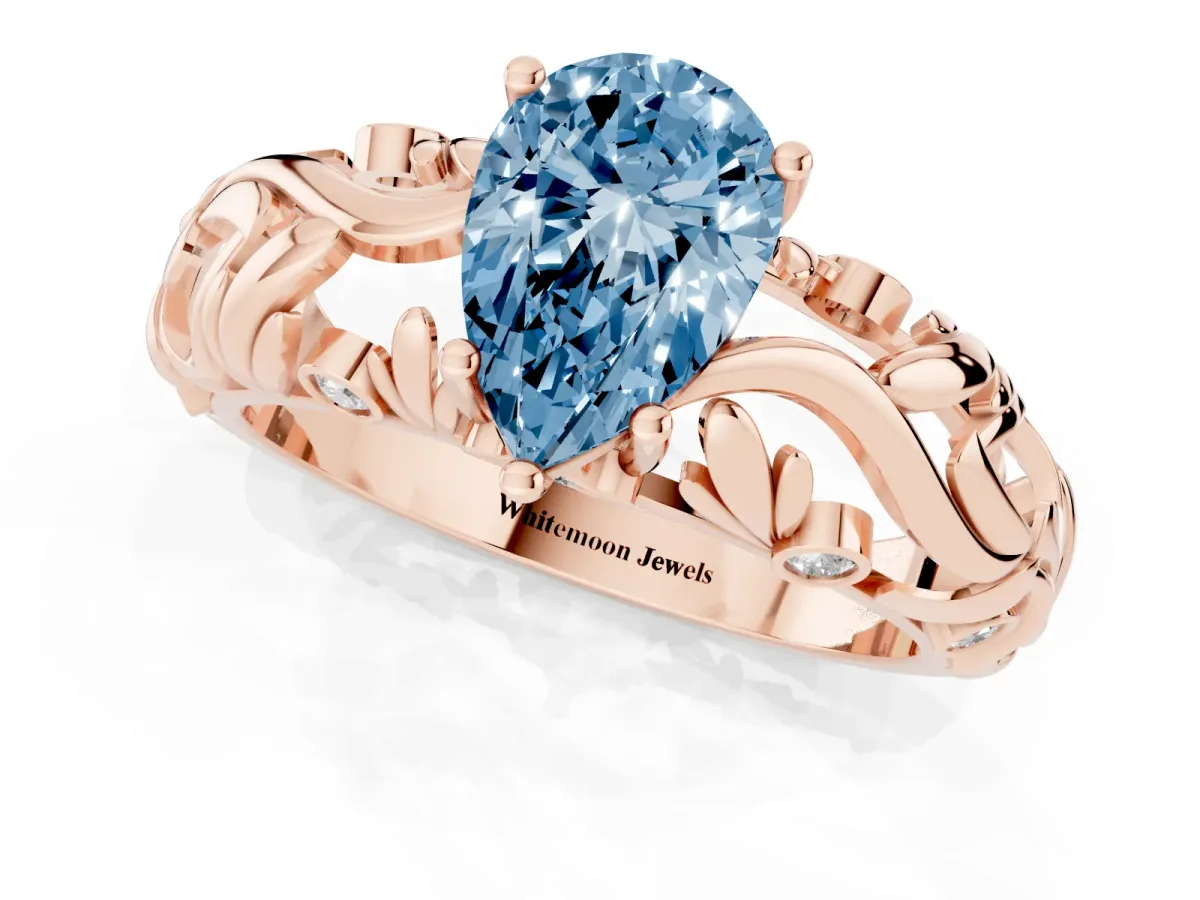 Fancy Blue Pear Cut Solitaire Diamond Leaf-Inspired Vine Band Ring with Prong Setting Rose gold