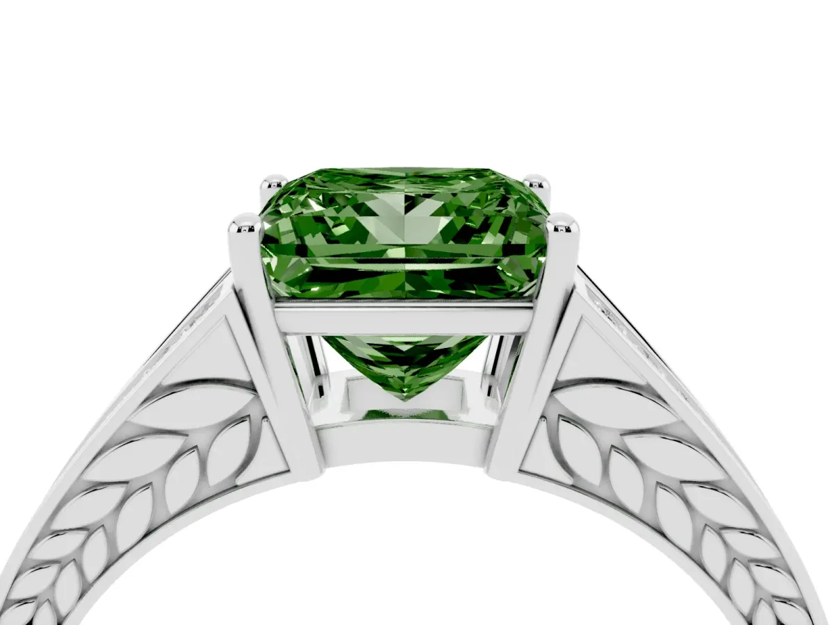 Fancy Green Princess Cut Diamond Split Shank Ring with Pavé Band and Four-Prong Setting Platinum