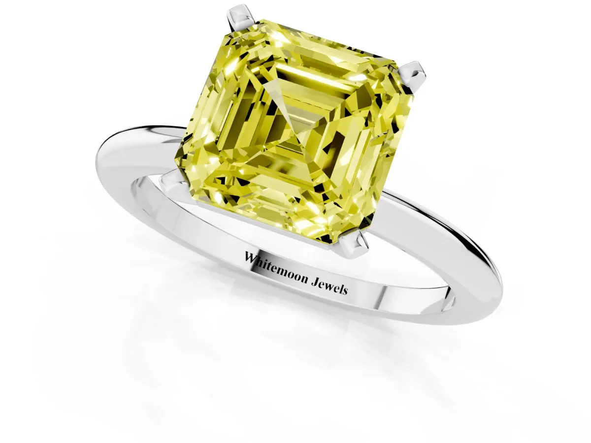 Fancy Yellow Asscher Cut Diamond Solitaire Ring with Prong Setting and Classic Band Silver