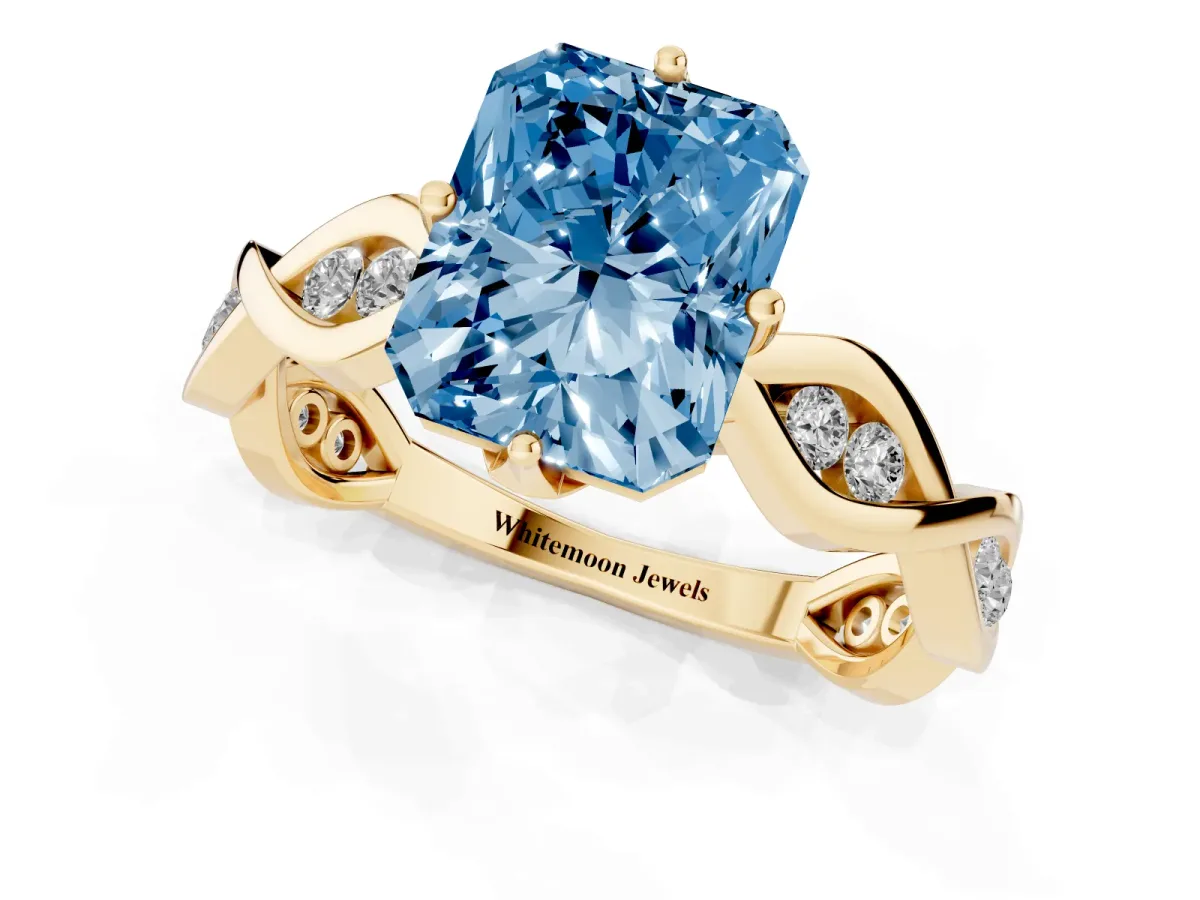 Fancy Blue Radiant Cut Solitaire Twist Band with Leaf Prong Setting Yellow gold