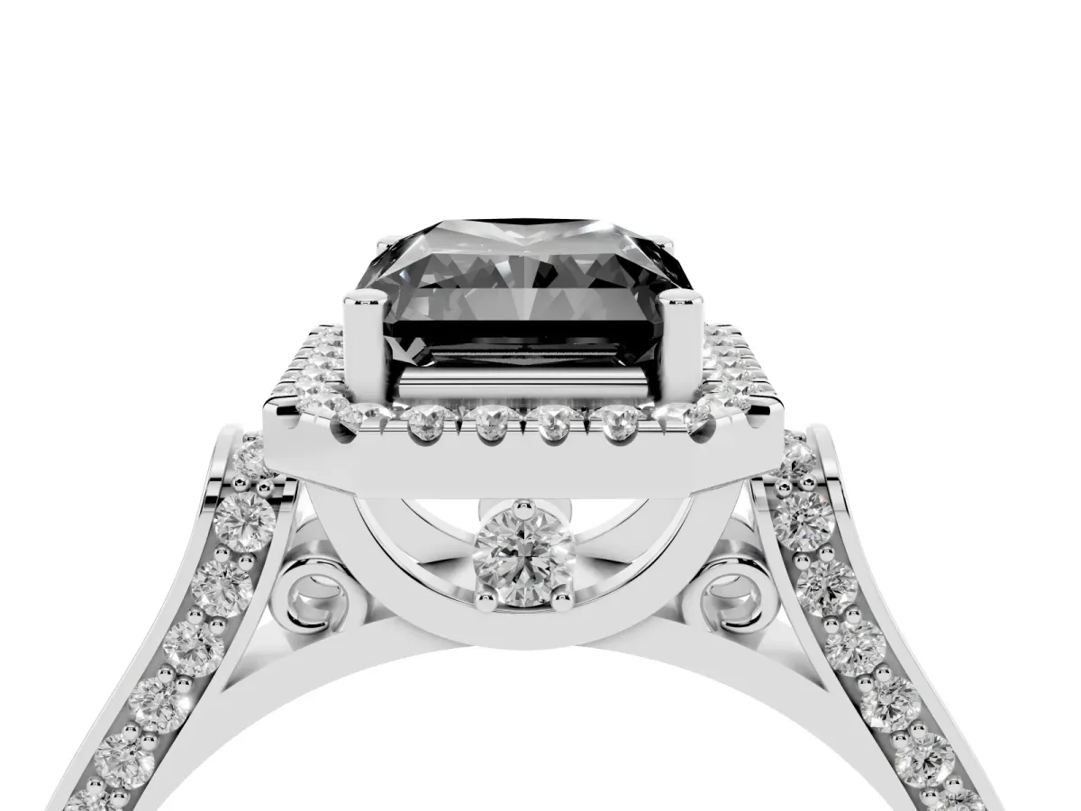 Fancy Black Radiant Cut Halo Round Diamond Twist Band with Four-Prong Setting White gold
