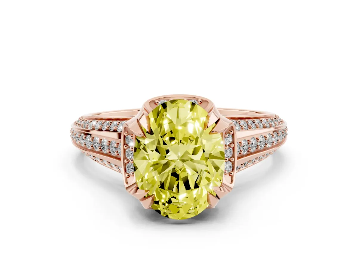 Fancy Yellow Oval Cut Solitaire Pave Split Shank Ring with Four-Prong Setting Rose gold