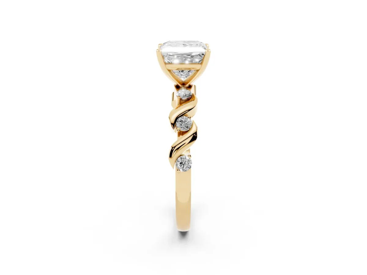 Princess Cut Diamond Solitaire Twisted Band with Round Accents and Prong Setting Yellow gold