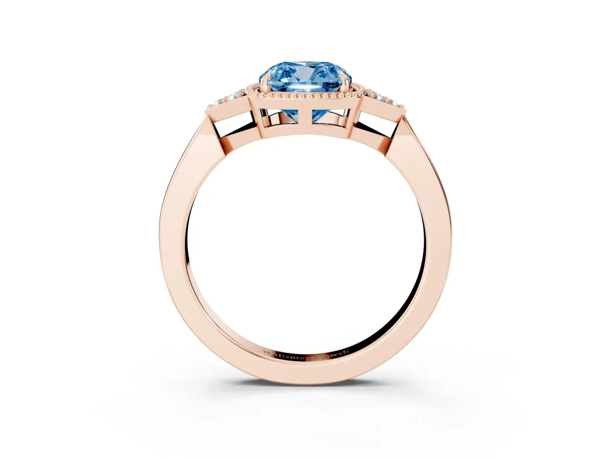Fancy Blue Hexagonal Halo Cushion Cut Diamond Solitaire with Pavé Band and Four-Prong Setting Rose gold